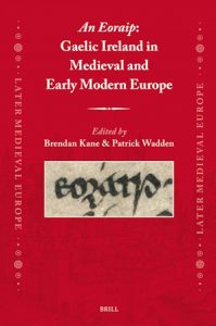 Red book cover with an image of an old manuscript showing "europe" written in Gaelic