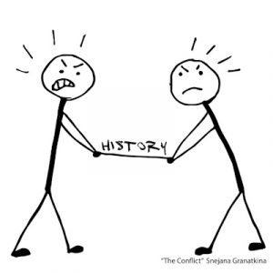 "The Conflict" by Snejana Granatkina, a line drawing of two stick figures fighting over the word "history."
