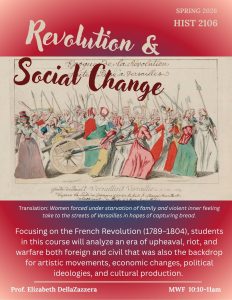 "Revolution and Social Change," course code HIST 2106, offered Spring 2026 by Professor Elizabeth DellaZazzera. Course times are Monday / Wednesday / Friday from 10:10am to 11am on the UConn Storrs campus.