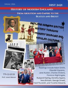A flier advertising History 2421, "History of Modern England": "Explore modern British history through primary sources and popular culture."